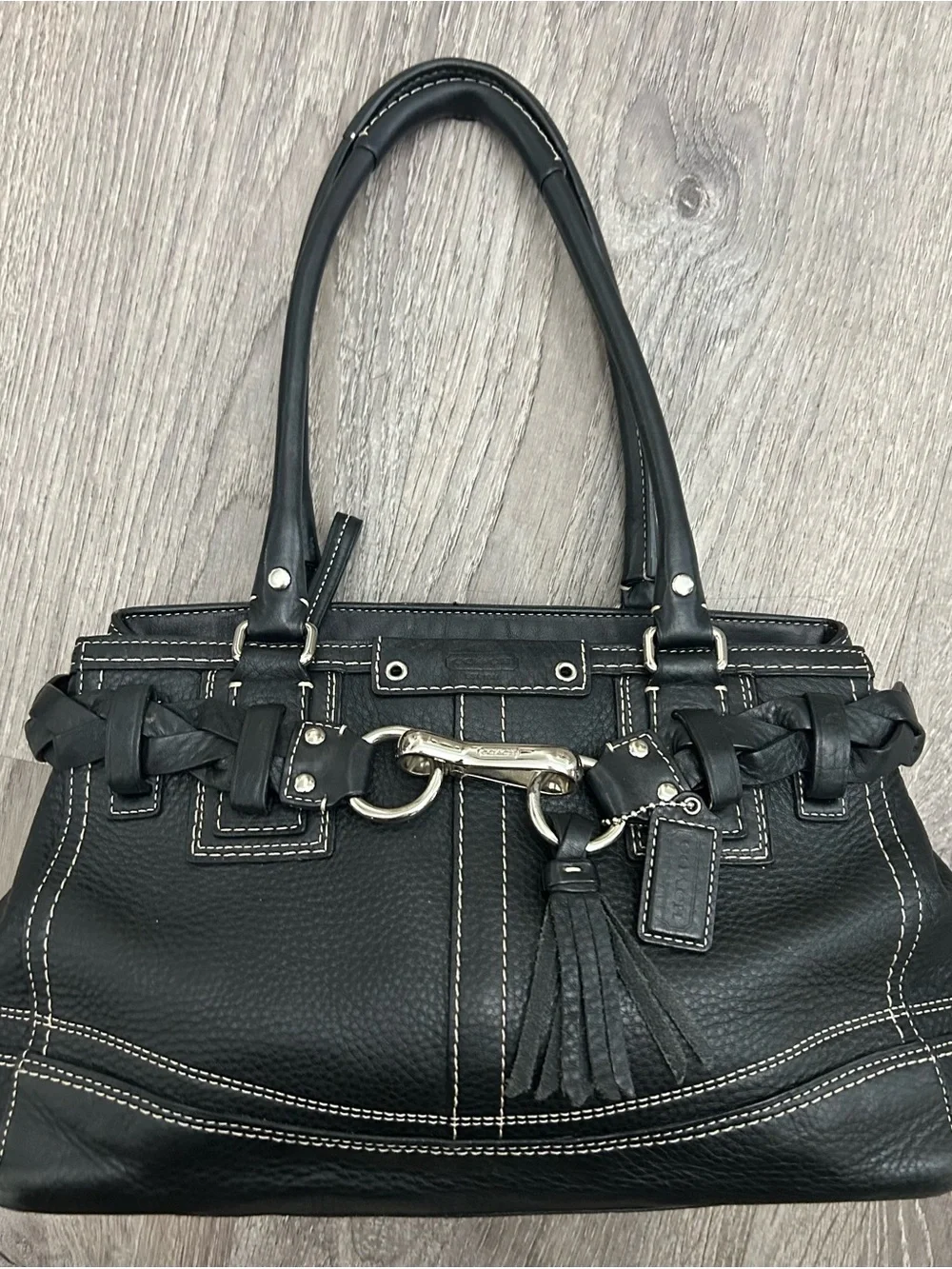 Coach Black Pebbled Leather Shoulder Bag with Silver Hardware and Tassel